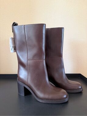 Zara Brown Leather Mid-Calf Heeled Boots